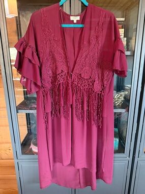 Umgee Wine Fringe Lace Kimono Tunic